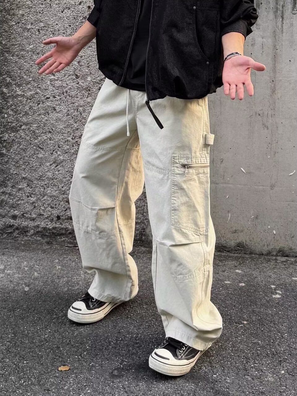 HT 美式復古工裝褲 直筒休閒、多口袋｜鬆緊腰抽繩