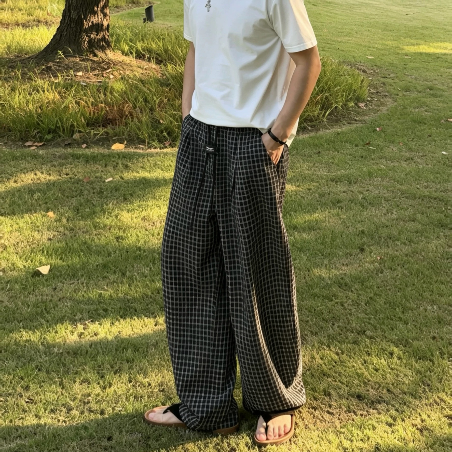 HT 日系直筒褲 「幻影」泡泡紗格紋｜休閒寬鬆 修飾腿型
