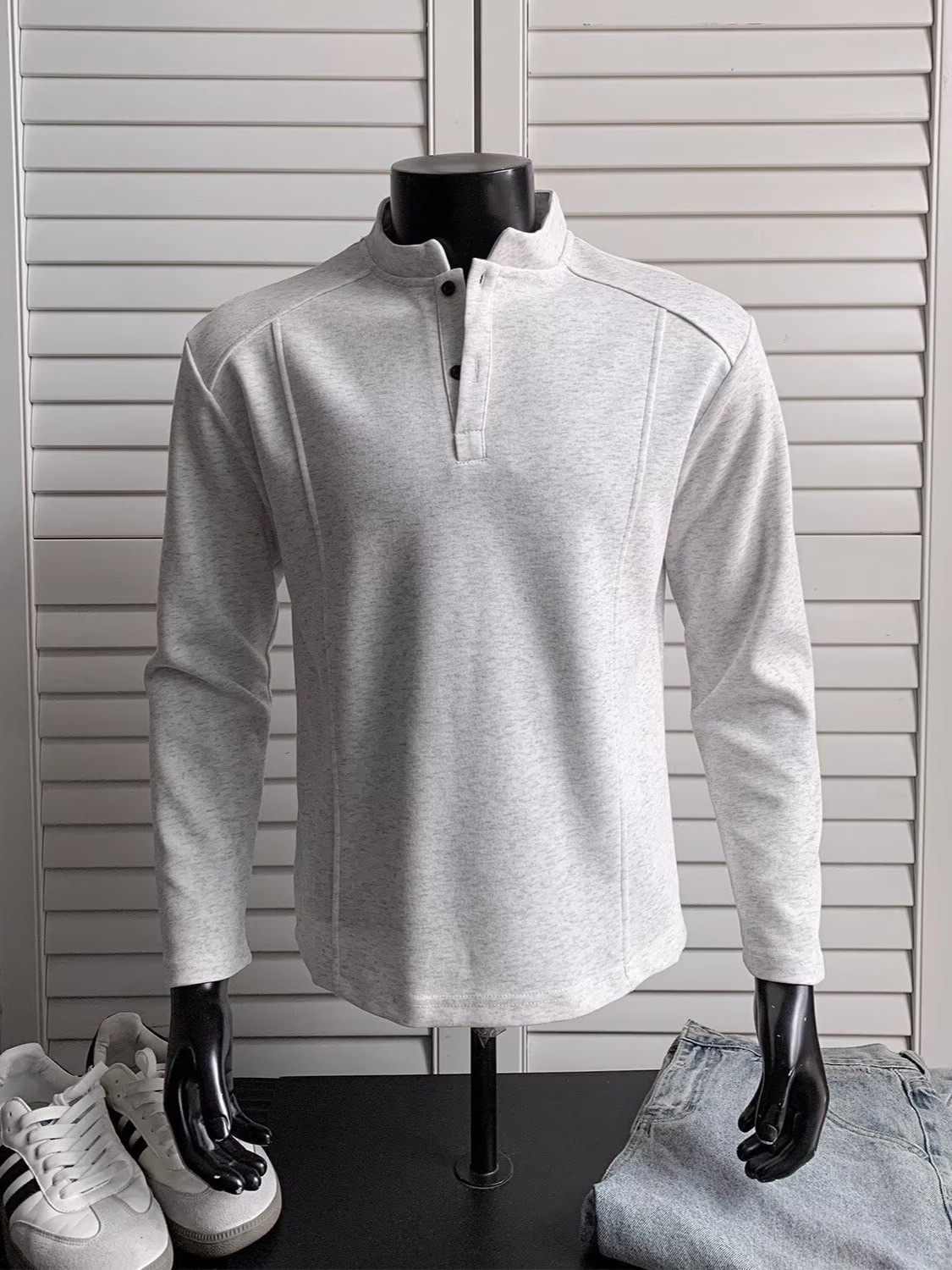 LZ秋冬長袖 立領拼接版型 美式正肩亨利領T恤 顯肩寬 