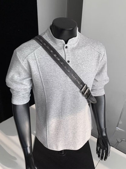 LZ秋冬長袖 立領拼接版型 美式正肩亨利領T恤 顯肩寬 