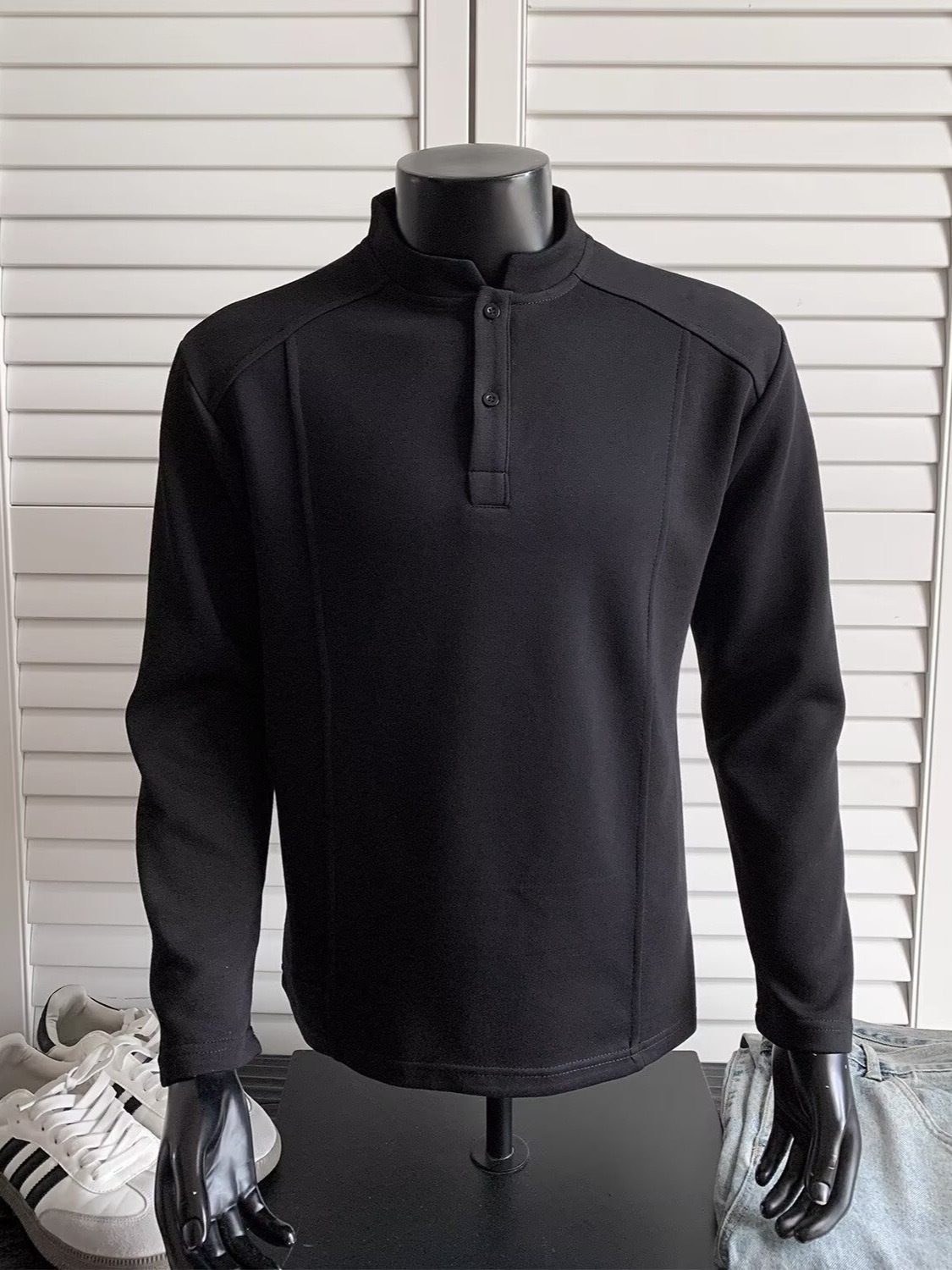 LZ秋冬長袖 立領拼接版型 美式正肩亨利領T恤 顯肩寬 