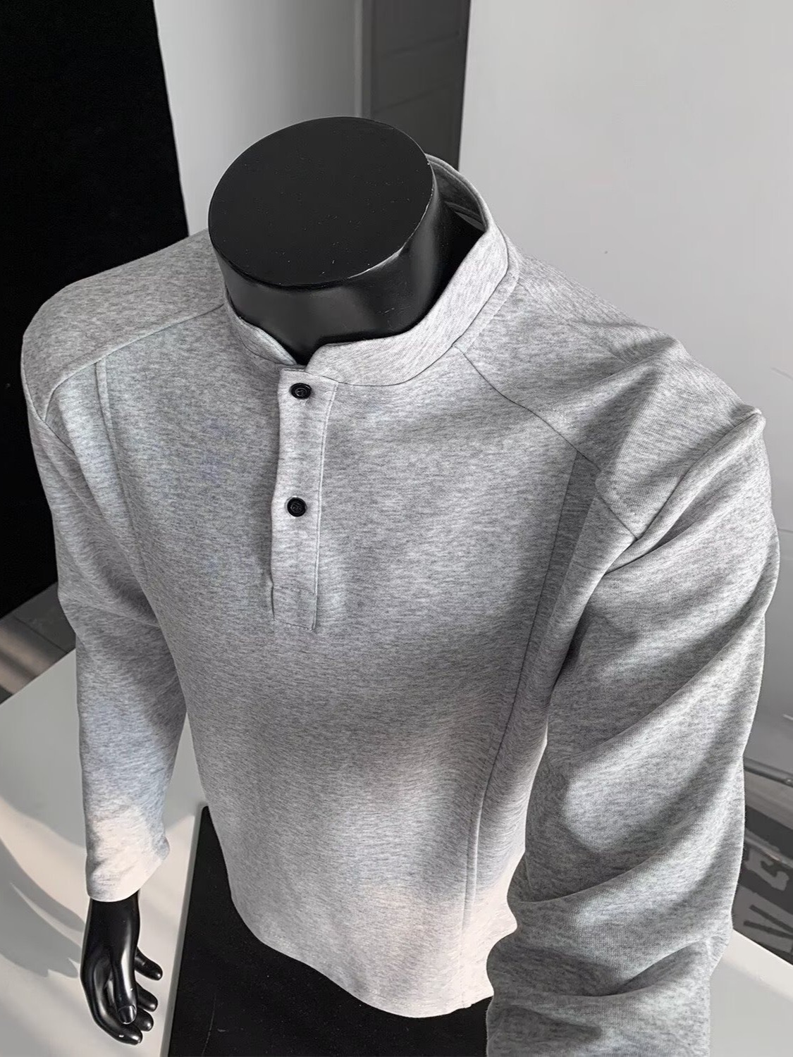 LZ秋冬長袖 立領拼接版型 美式正肩亨利領T恤 顯肩寬 