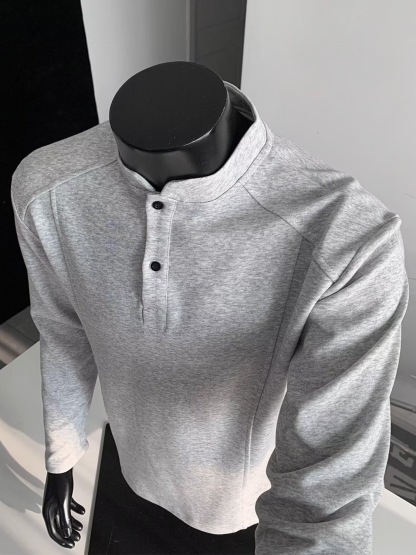 LZ秋冬長袖 立領拼接版型 美式正肩亨利領T恤 顯肩寬 