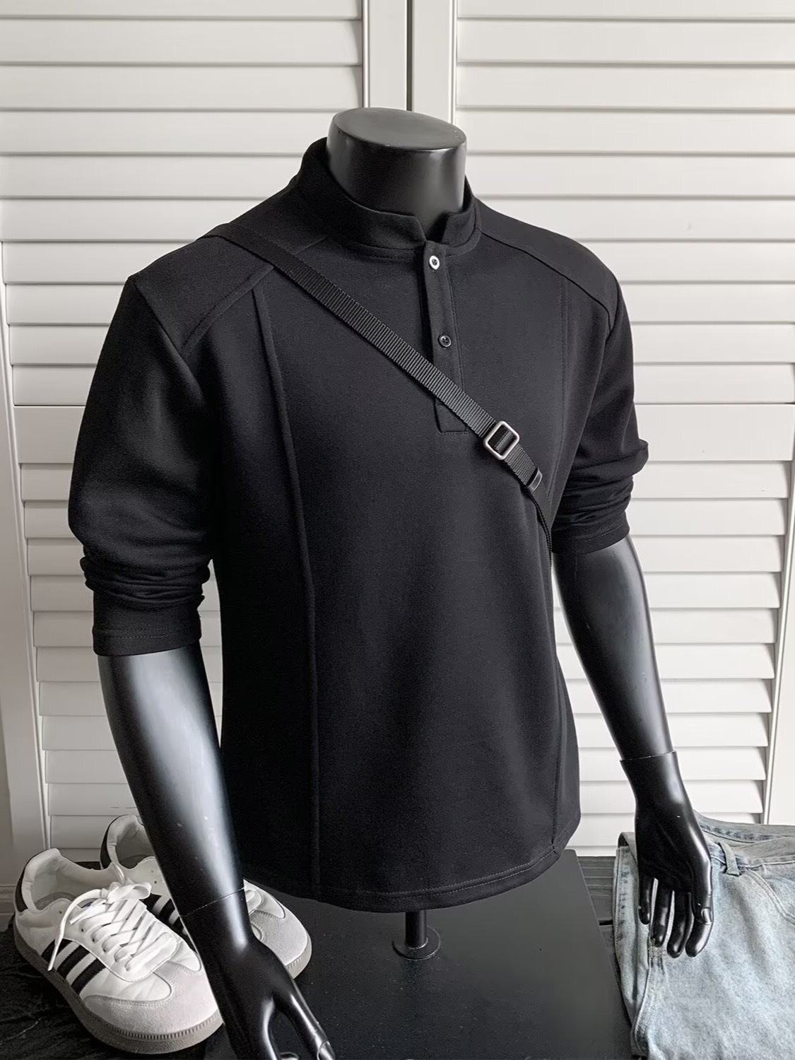 LZ秋冬長袖 立領拼接版型 美式正肩亨利領T恤 顯肩寬 