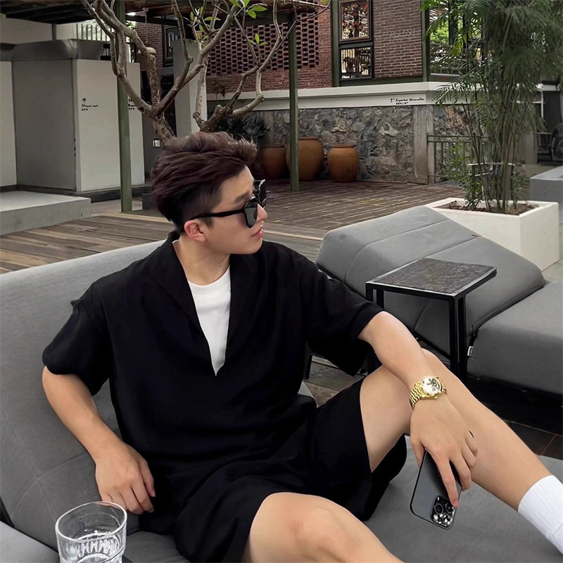 老錢風套裝 假兩件V領上衣+鬆緊腰短褲 訂製紗面料 涼感透氣垂順