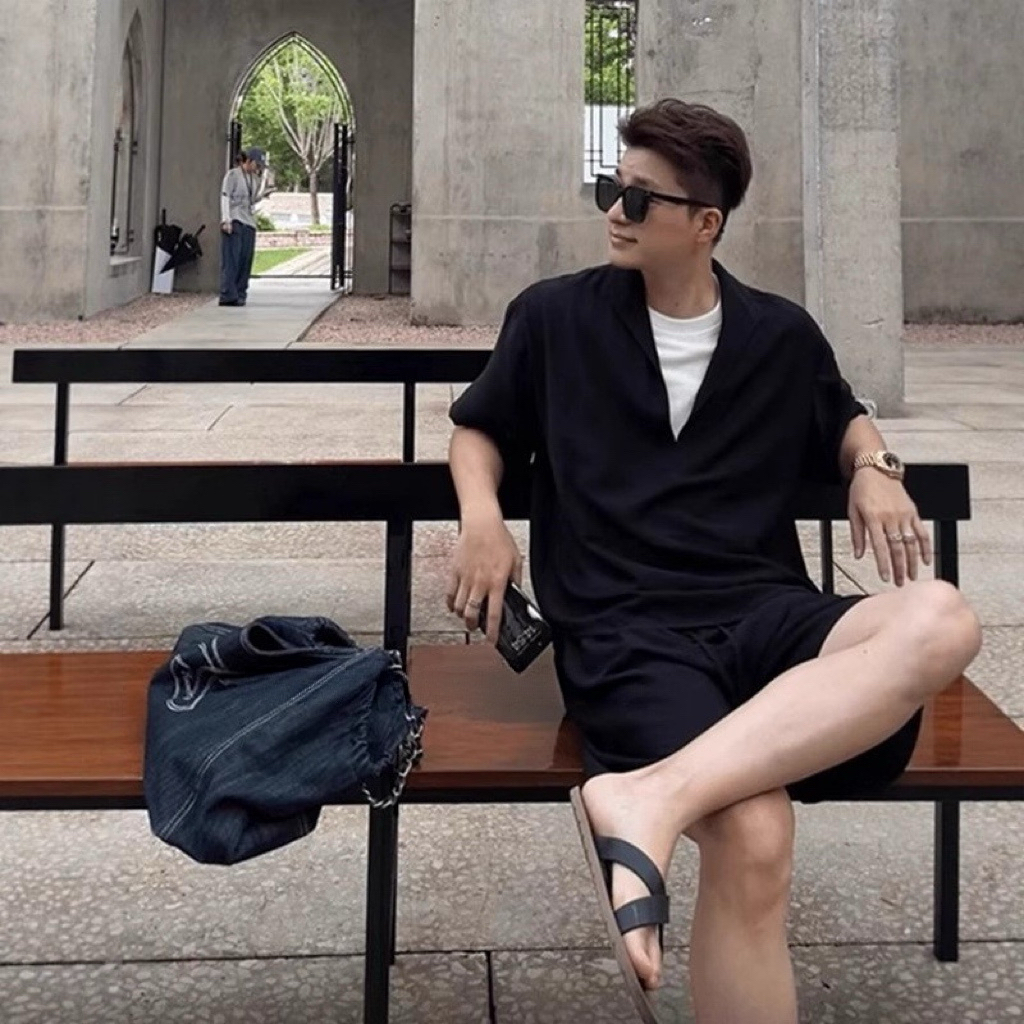 老錢風套裝 假兩件V領上衣+鬆緊腰短褲 訂製紗面料 涼感透氣垂順