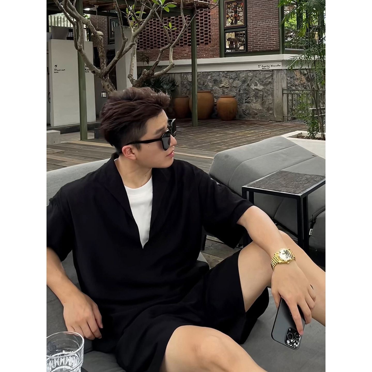 老錢風套裝 假兩件V領上衣+鬆緊腰短褲 訂製紗面料 涼感透氣垂順