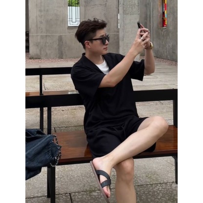 老錢風套裝 假兩件V領上衣+鬆緊腰短褲 訂製紗面料 涼感透氣垂順