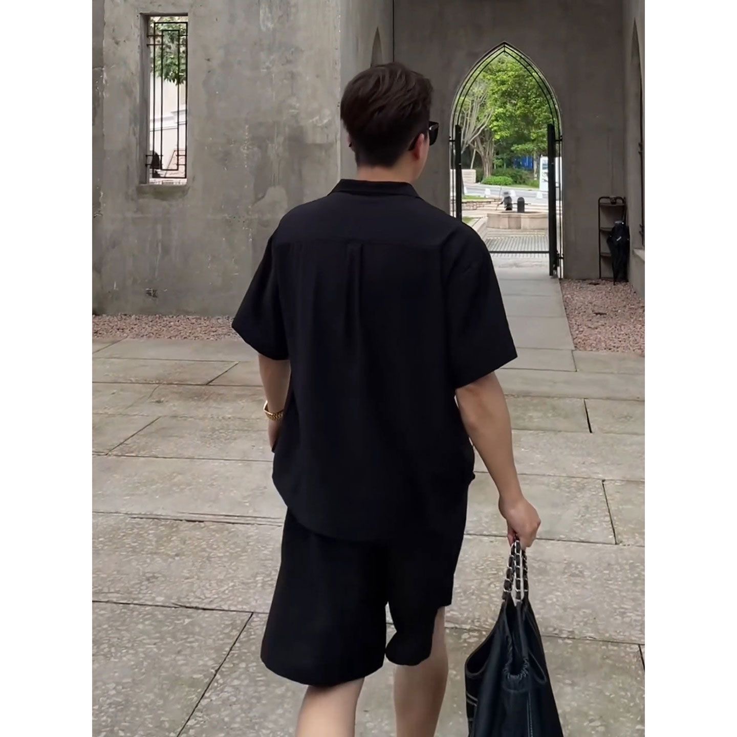 老錢風套裝 假兩件V領上衣+鬆緊腰短褲 訂製紗面料 涼感透氣垂順