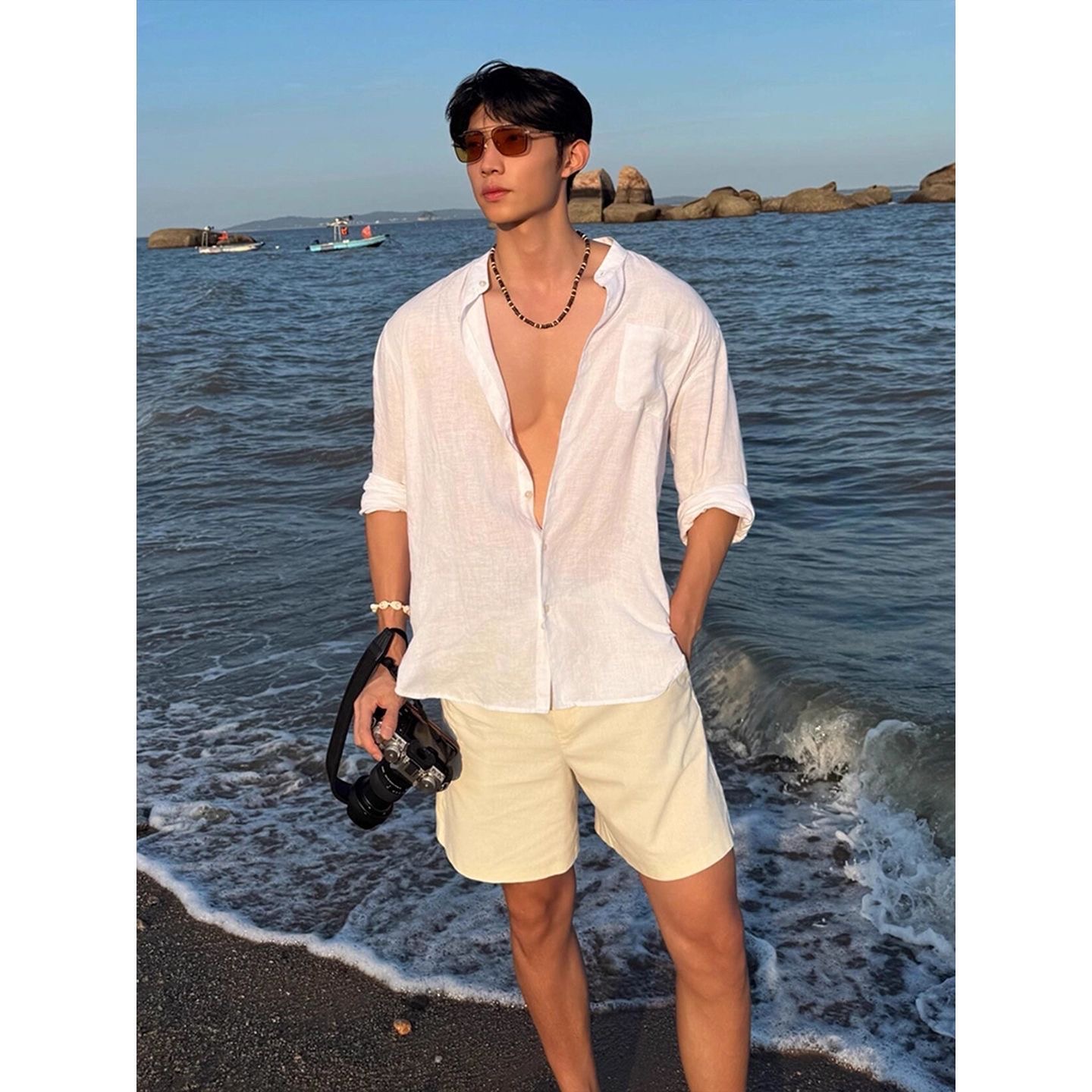 度假必備｜老錢風亞麻套裝 慵懶風長袖襯衫+鬆緊腰亞麻短褲