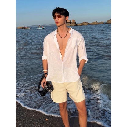 度假必備｜老錢風亞麻套裝 慵懶風長袖襯衫+鬆緊腰亞麻短褲
