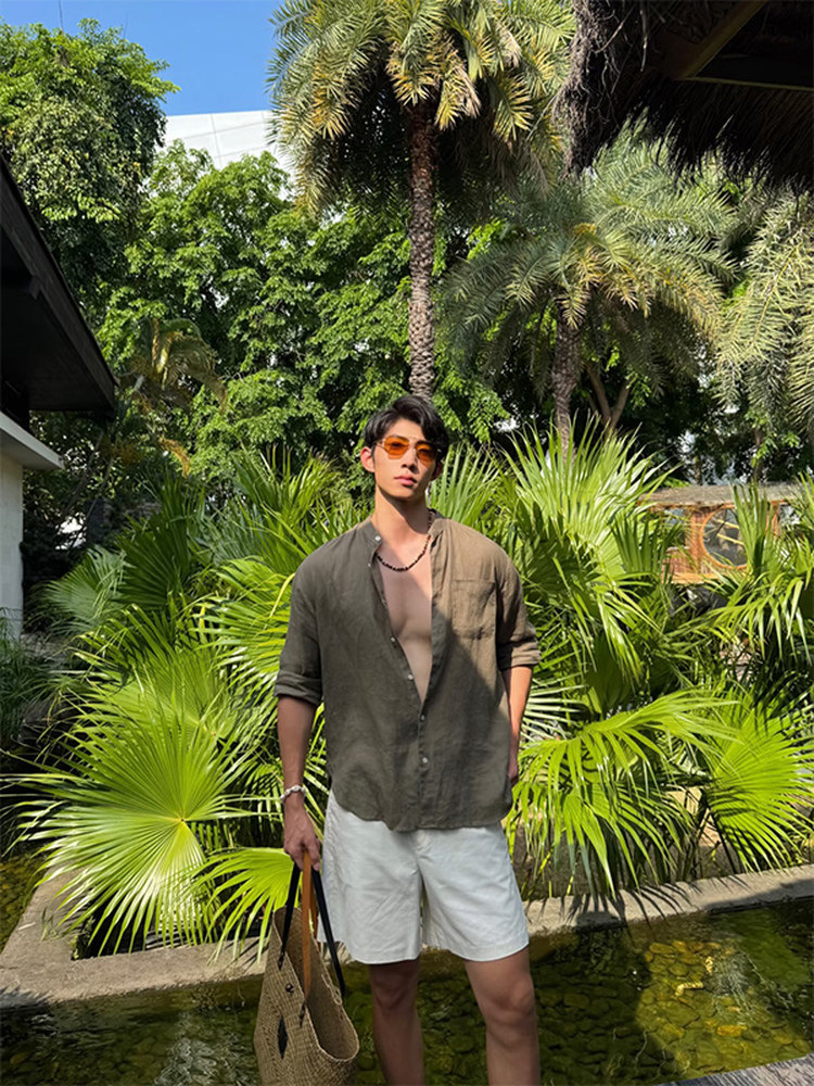 度假必備｜老錢風亞麻套裝 慵懶風長袖襯衫+鬆緊腰亞麻短褲