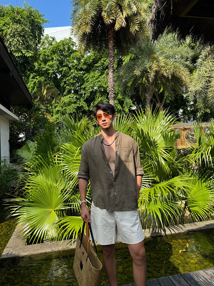 度假必備｜老錢風亞麻套裝 慵懶風長袖襯衫+鬆緊腰亞麻短褲