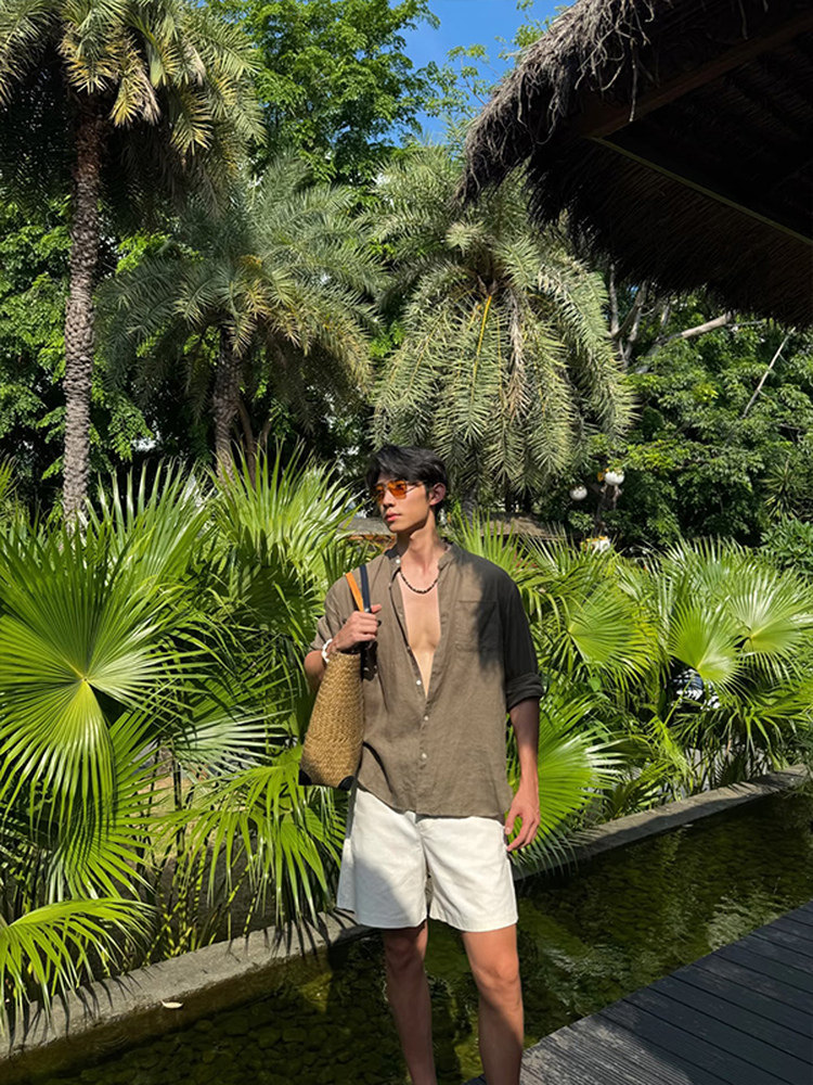 度假必備｜老錢風亞麻套裝 慵懶風長袖襯衫+鬆緊腰亞麻短褲