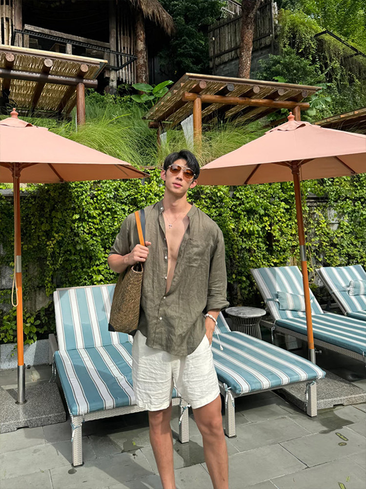 度假必備｜老錢風亞麻套裝 慵懶風長袖襯衫+鬆緊腰亞麻短褲