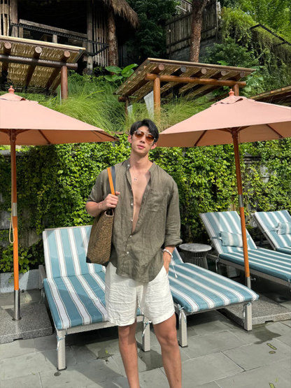度假必備｜老錢風亞麻套裝 慵懶風長袖襯衫+鬆緊腰亞麻短褲
