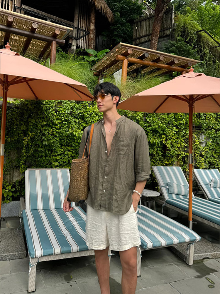 度假必備｜老錢風亞麻套裝 慵懶風長袖襯衫+鬆緊腰亞麻短褲