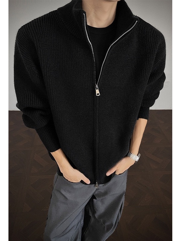 秋冬立領雙拉鍊毛衣 針織外套 美式復古風