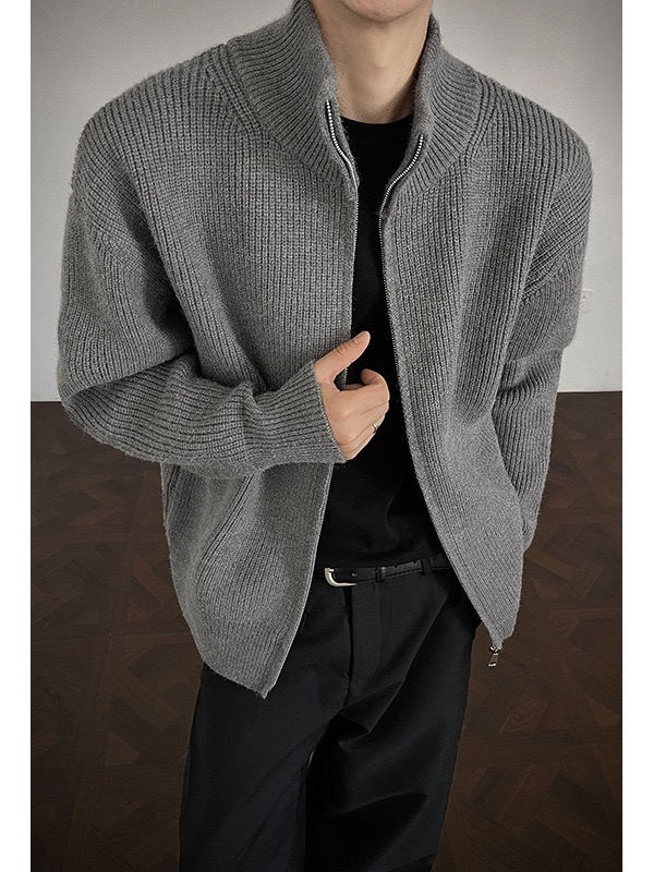 秋冬立領雙拉鍊毛衣 針織外套 美式復古風 