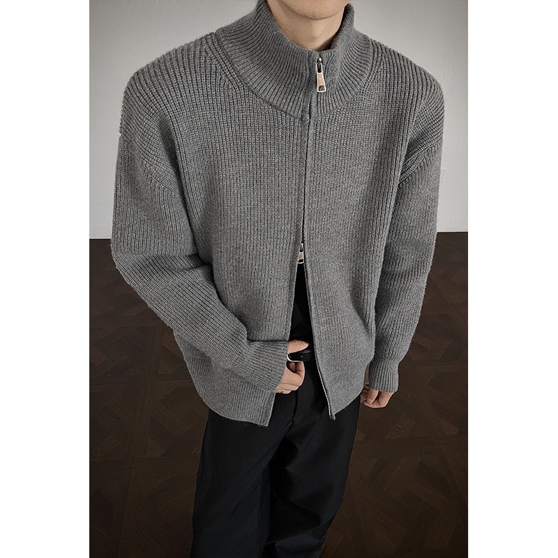 秋冬立領雙拉鍊毛衣 針織外套 美式復古風 