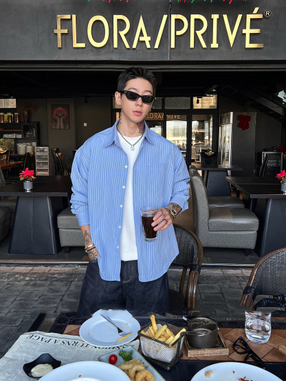 韓版襯衫 條紋男士襯衫 輕薄外套 春秋款｜休閒寬鬆輕商務