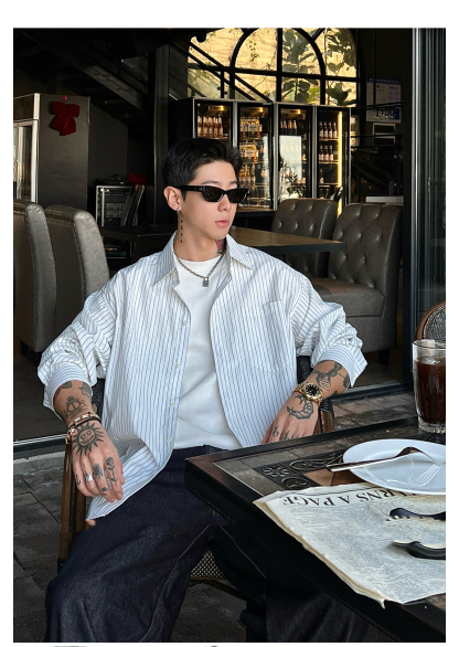 韓版襯衫 條紋男士襯衫 輕薄外套 春秋款｜休閒寬鬆輕商務