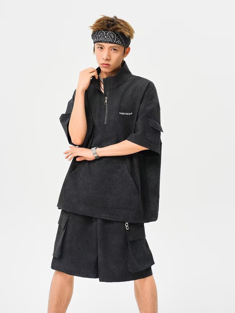 HT 美式渲染運動套裝 立領半拉鍊上衣+鬆緊腰工裝短褲｜寬鬆休閒