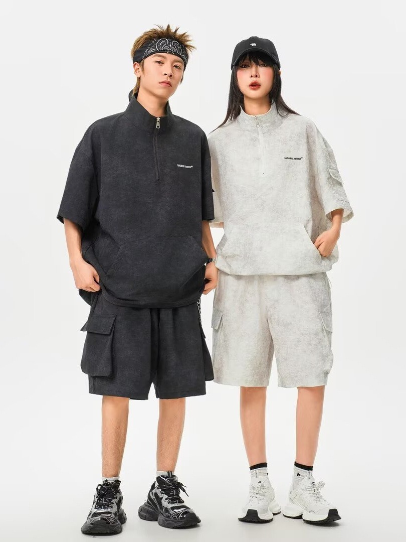 HT 美式渲染運動套裝 立領半拉鍊上衣+鬆緊腰工裝短褲｜寬鬆休閒