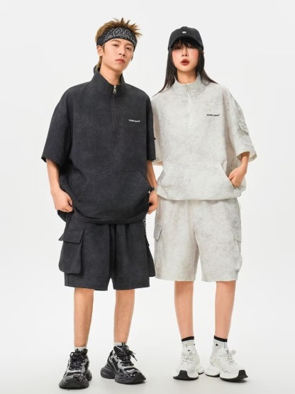 HT 美式渲染運動套裝 立領半拉鍊上衣+鬆緊腰工裝短褲｜寬鬆休閒