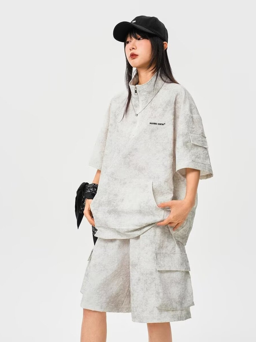 HT 美式渲染運動套裝 立領半拉鍊上衣+鬆緊腰工裝短褲｜寬鬆休閒