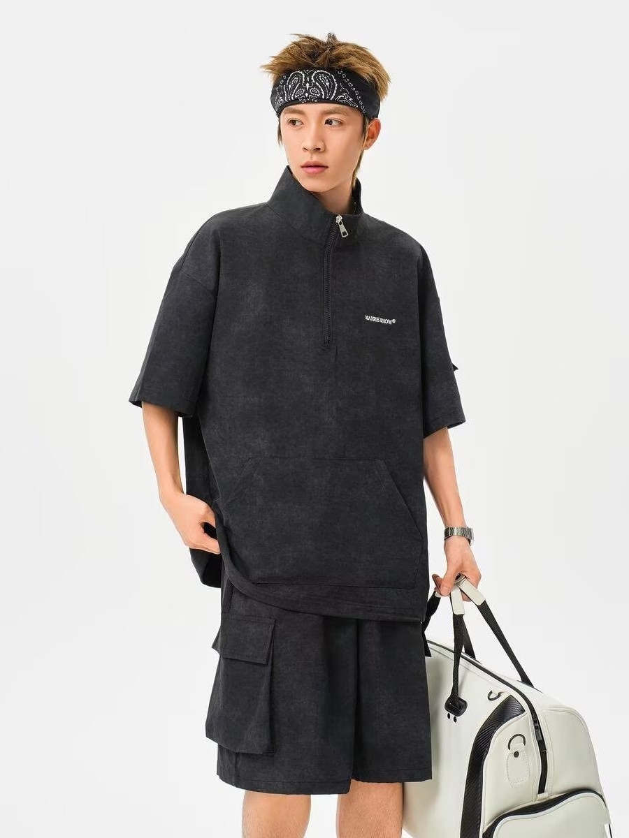 HT 美式渲染運動套裝 立領半拉鍊上衣+鬆緊腰工裝短褲｜寬鬆休閒