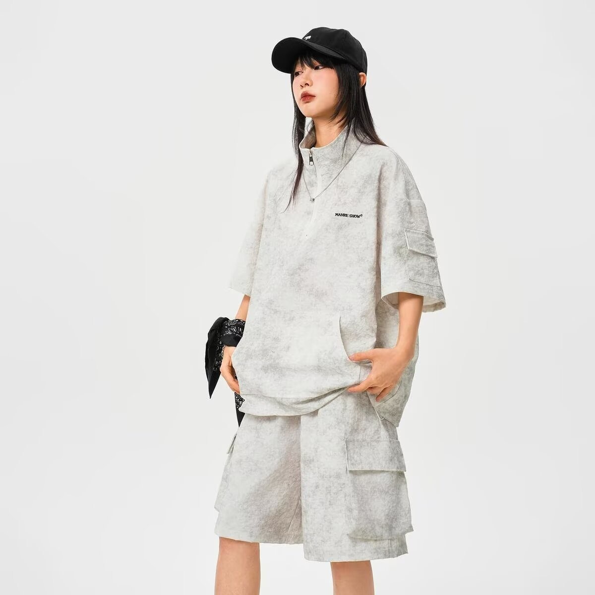 HT 美式渲染運動套裝 立領半拉鍊上衣+鬆緊腰工裝短褲｜寬鬆休閒