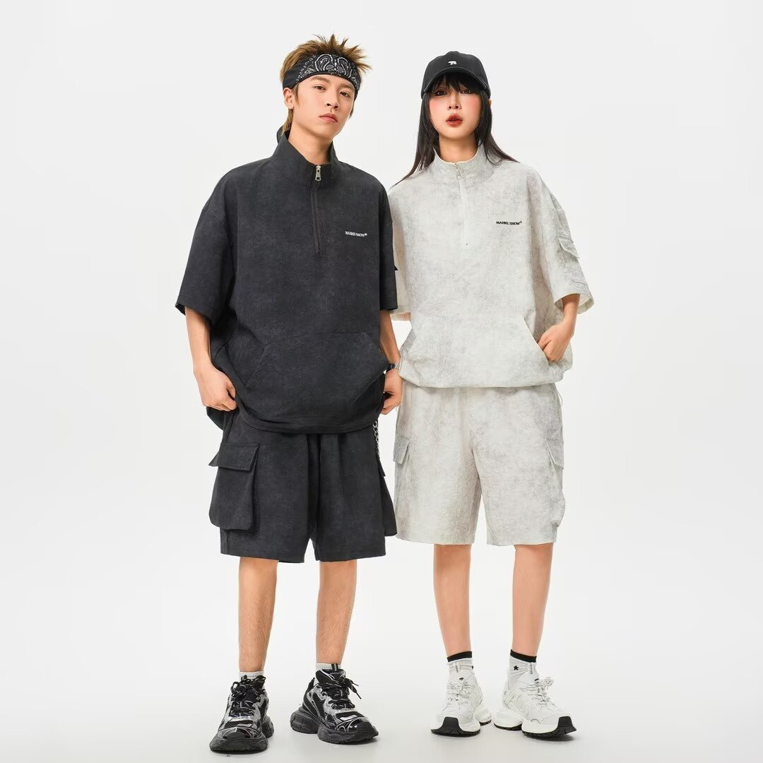 HT 美式渲染運動套裝 立領半拉鍊上衣+鬆緊腰工裝短褲｜寬鬆休閒