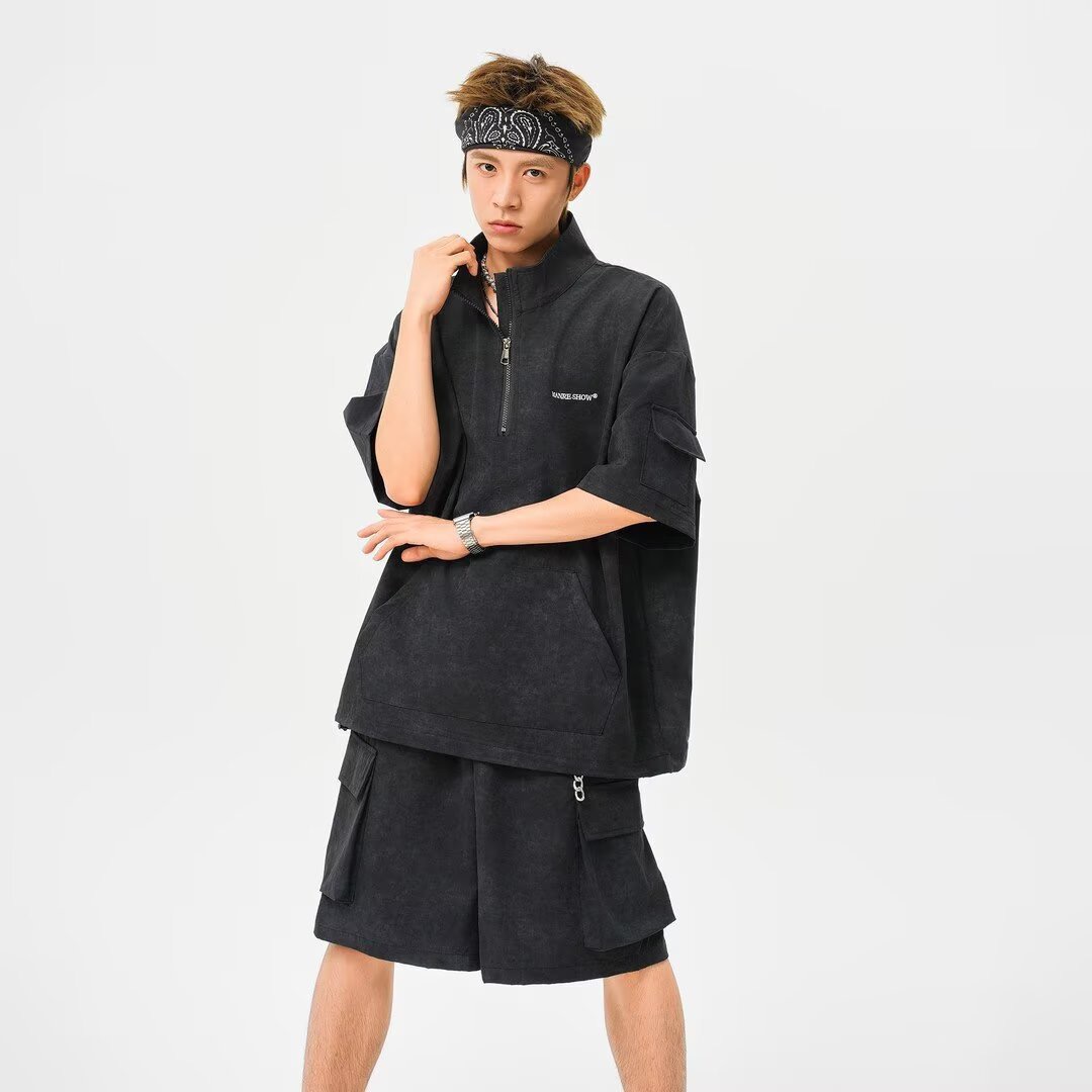 HT 美式渲染運動套裝 立領半拉鍊上衣+鬆緊腰工裝短褲｜寬鬆休閒