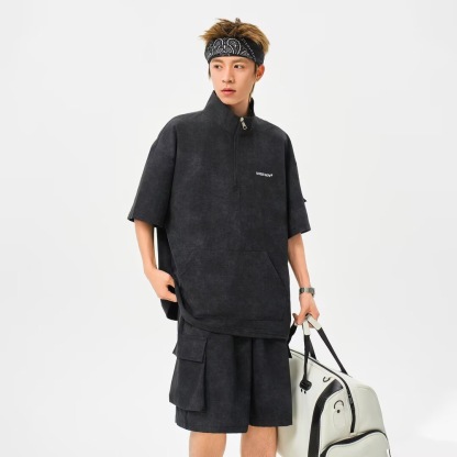 HT 美式渲染運動套裝 立領半拉鍊上衣+鬆緊腰工裝短褲｜寬鬆休閒