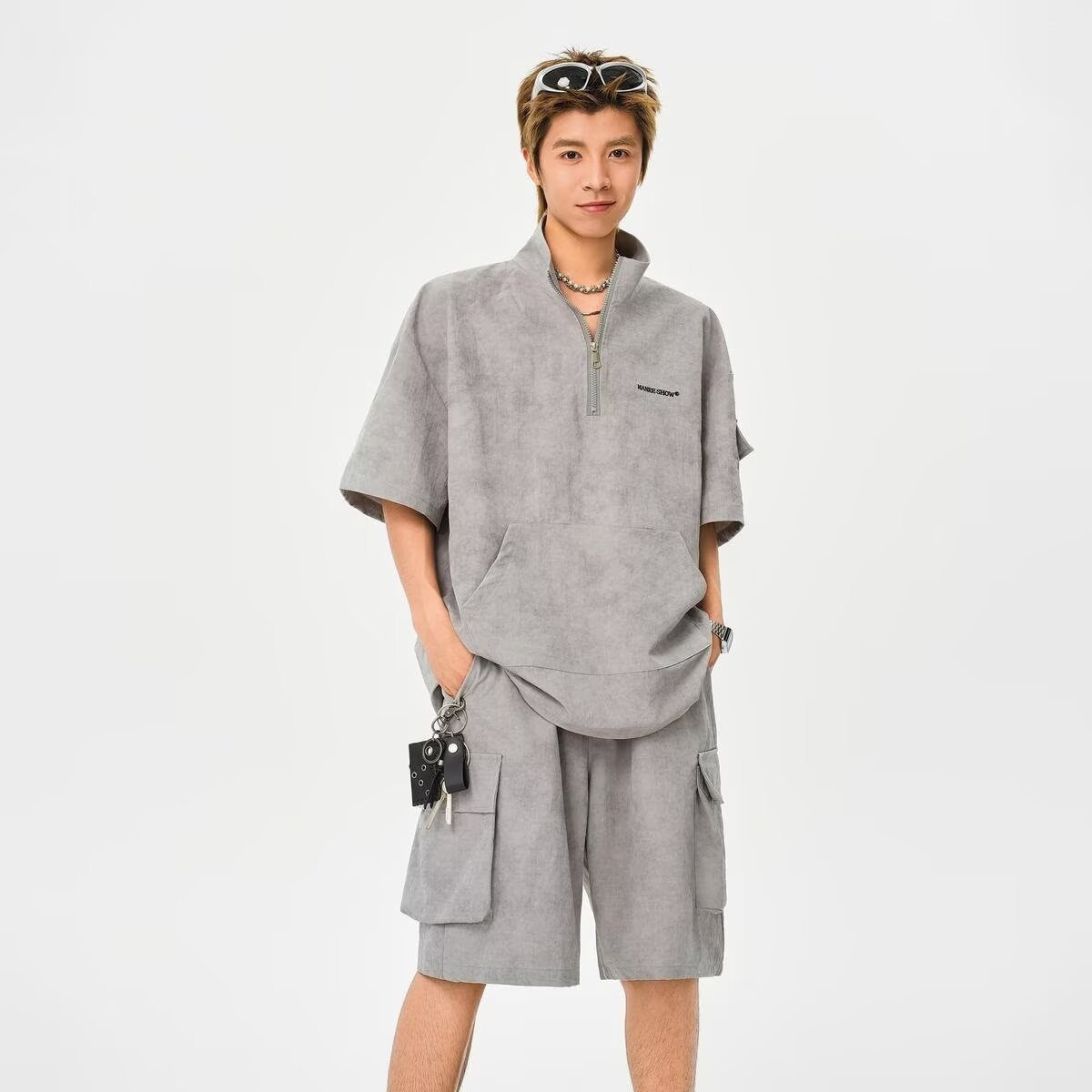 HT 美式渲染運動套裝 立領半拉鍊上衣+鬆緊腰工裝短褲｜寬鬆休閒