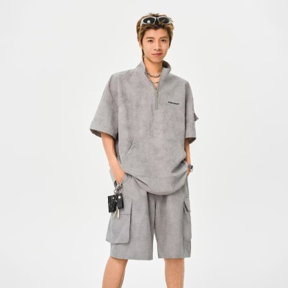 HT 美式渲染運動套裝 立領半拉鍊上衣+鬆緊腰工裝短褲｜寬鬆休閒