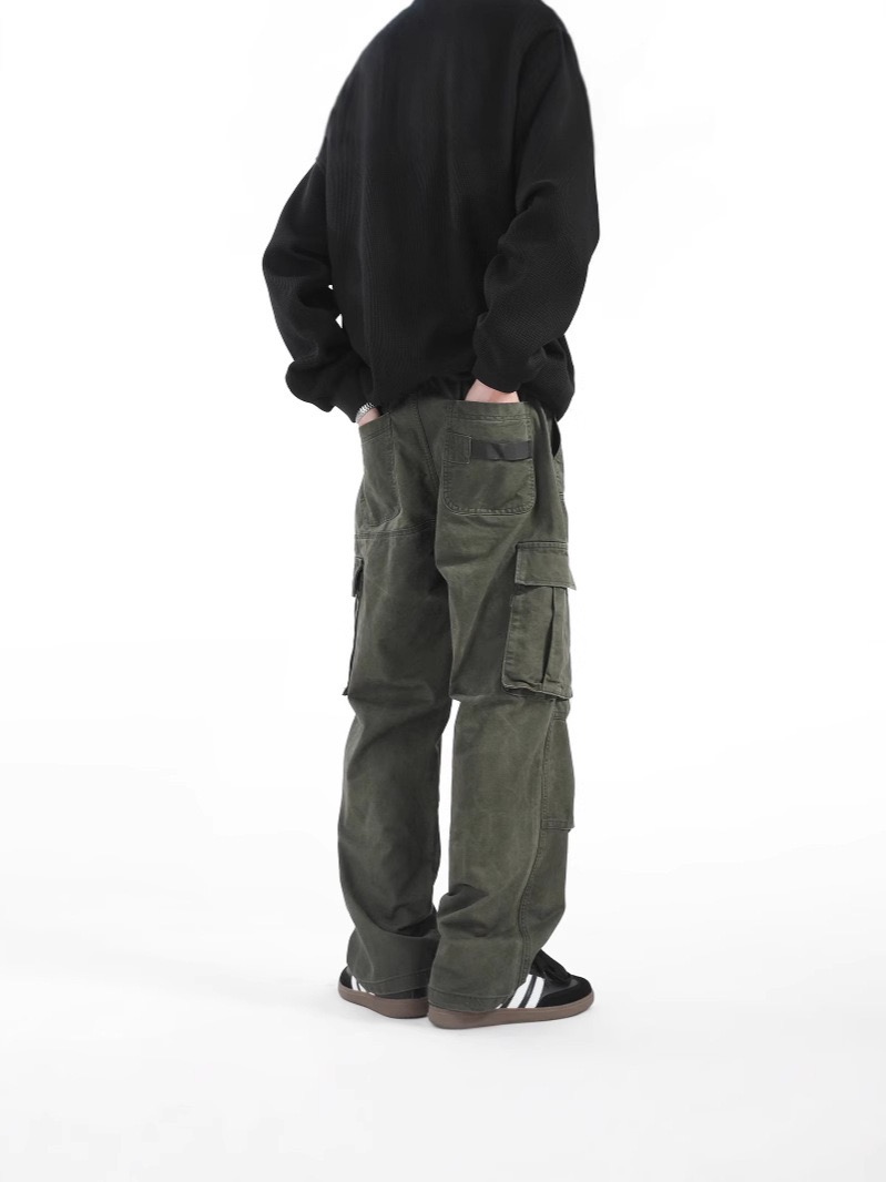 美式 復古風工裝褲 街頭痞帥風 多口袋 鬆緊腰 直筒寬鬆長褲