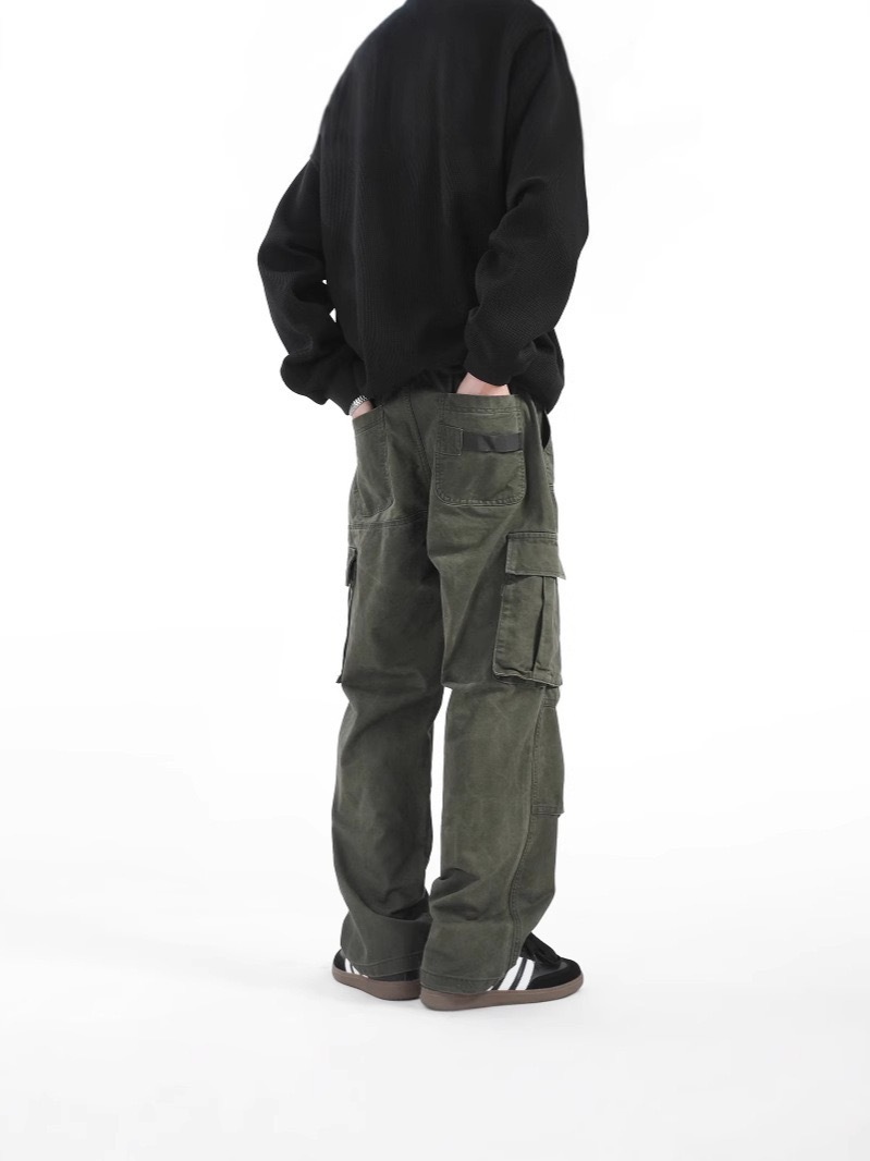 美式 復古風工裝褲 街頭痞帥風 多口袋 鬆緊腰 直筒寬鬆長褲