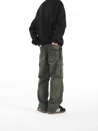 美式 復古風工裝褲 街頭痞帥風 多口袋 鬆緊腰 直筒寬鬆長褲