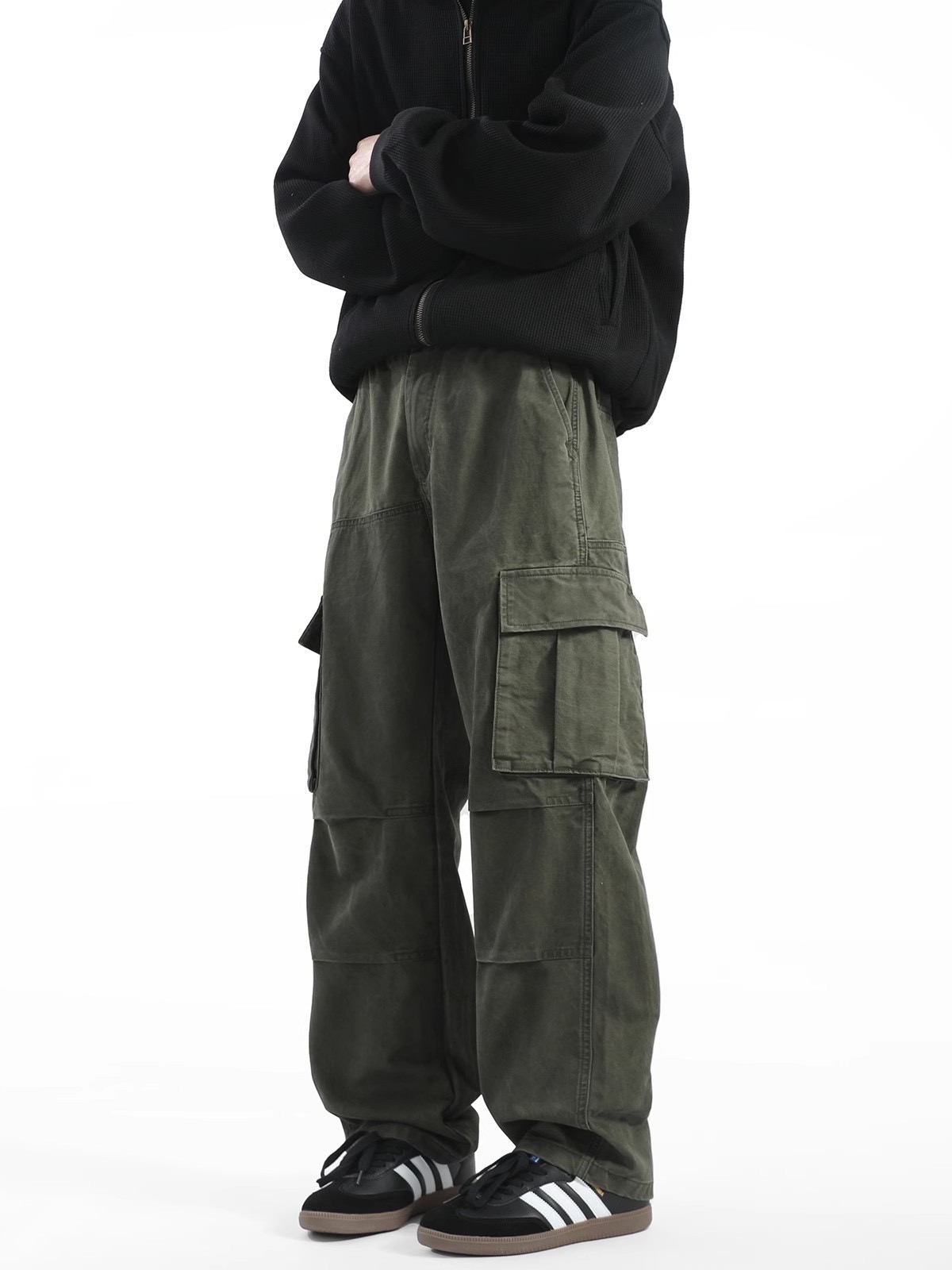 美式 復古風工裝褲 街頭痞帥風 多口袋 鬆緊腰 直筒寬鬆長褲