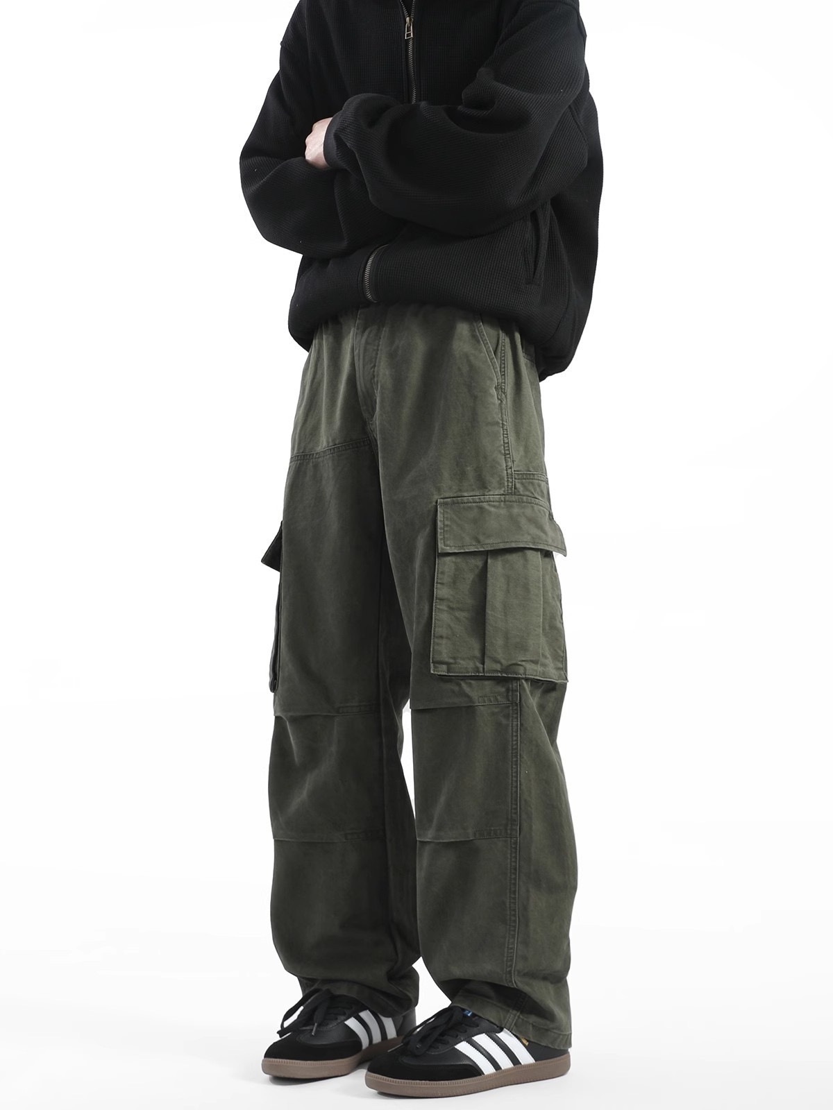 美式 復古風工裝褲 街頭痞帥風 多口袋 鬆緊腰 直筒寬鬆長褲