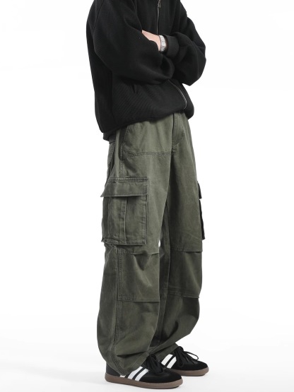 美式 復古風工裝褲 街頭痞帥風 多口袋 鬆緊腰 直筒寬鬆長褲