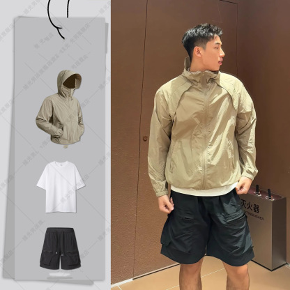 初秋潮男穿搭套裝 純棉白T恤+拼接剪裁輕薄外套+休閒短褲（多口袋）