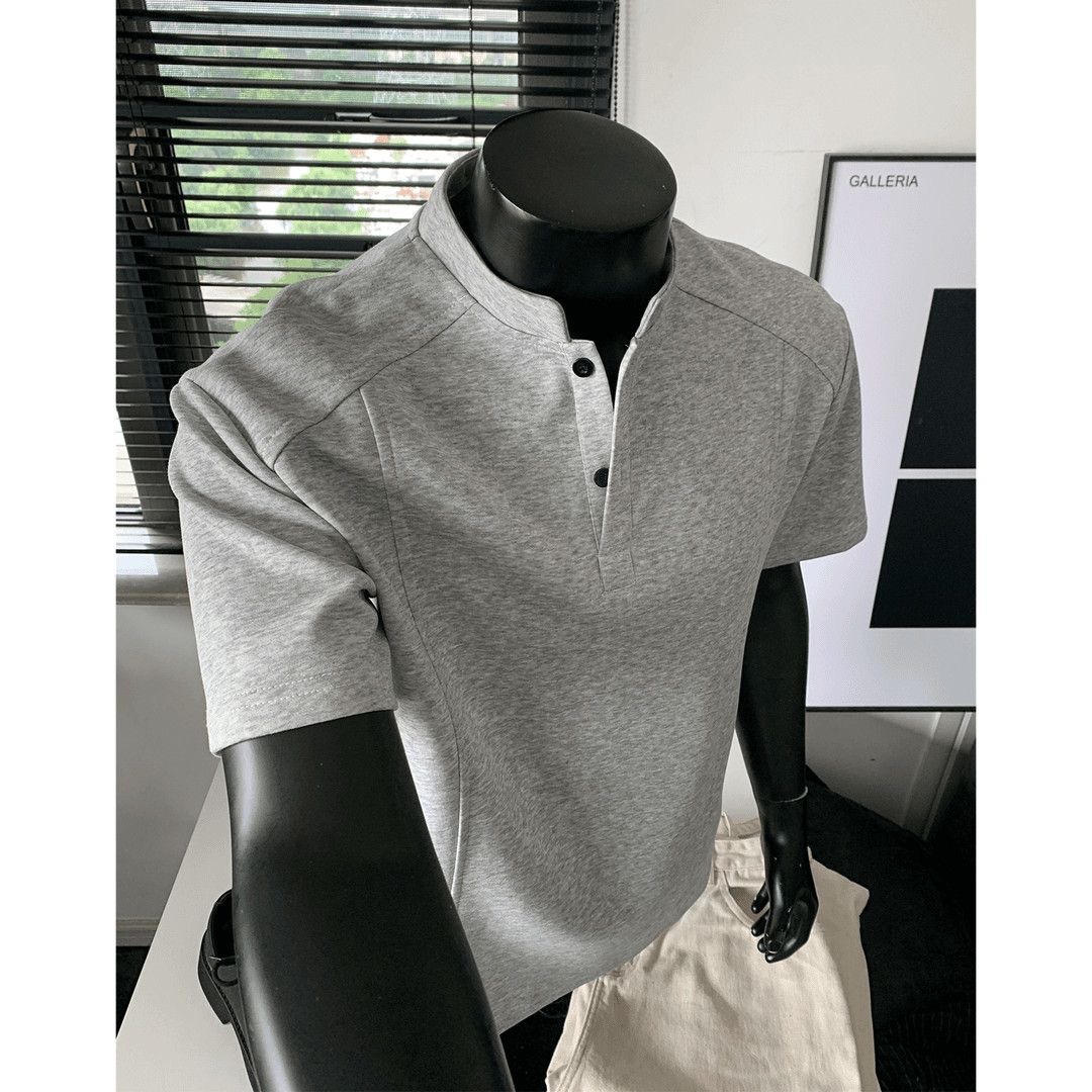 MAN 鈕扣亨利領素面TEE 輕商務POLO衫 寬鬆小立領 挺拔顯肩寬