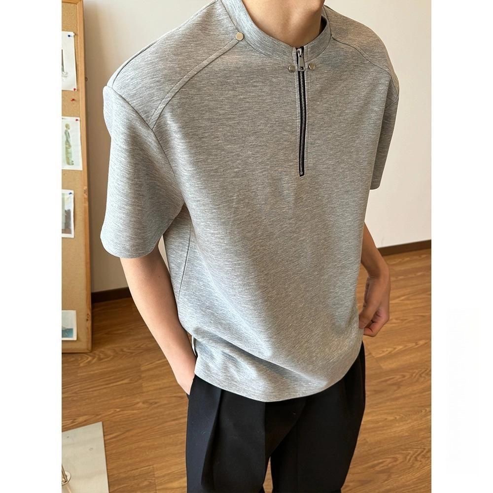 高街風 卯釘亨利領素面TEE 輕商務POLO衫 寬鬆小立領 挺拔顯肩寬