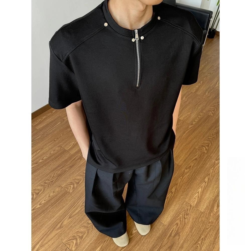 高街風 卯釘亨利領素面TEE 輕商務POLO衫 寬鬆小立領 挺拔顯肩寬