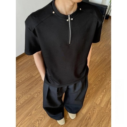 高街風 卯釘亨利領素面TEE 輕商務POLO衫 寬鬆小立領 挺拔顯肩寬