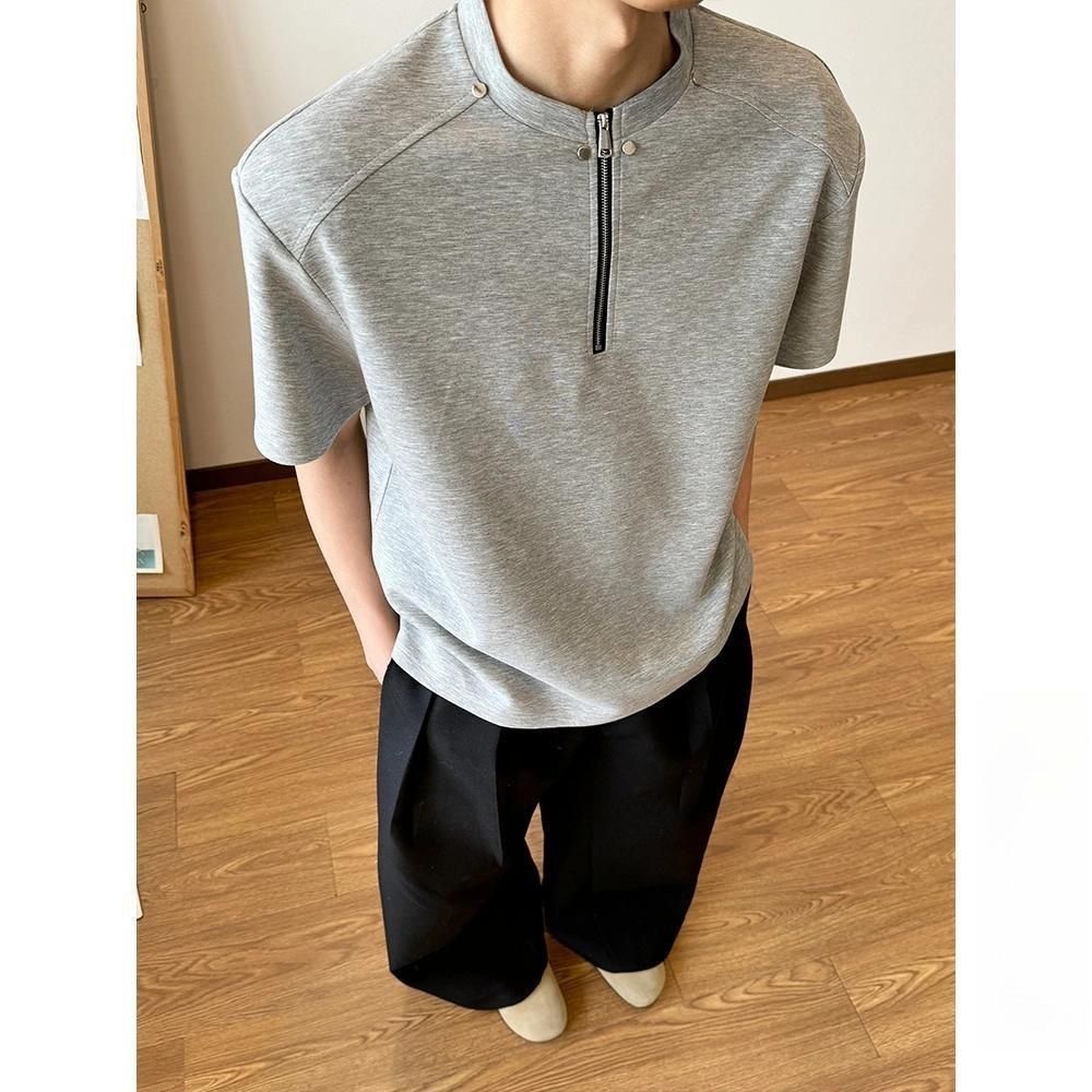 高街風 卯釘亨利領素面TEE 輕商務POLO衫 寬鬆小立領 挺拔顯肩寬