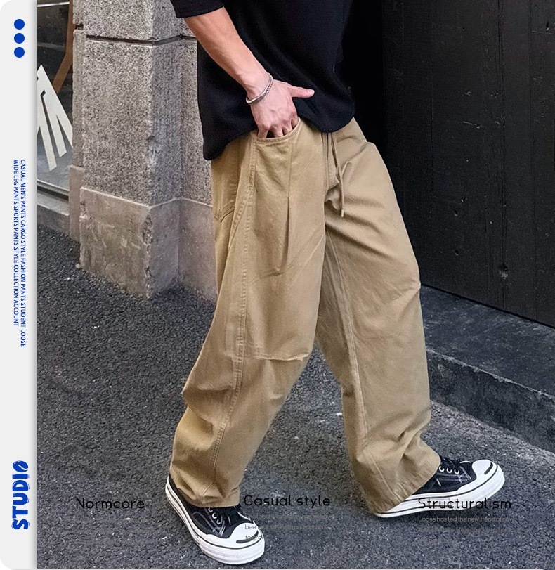 美式復古風 個性設計感褶皺工裝褲 闊腿長褲